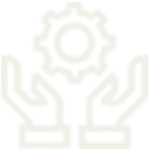 Ícono de manos sosteniendo un engranaje, símbolo de soporte técnico y colaboración