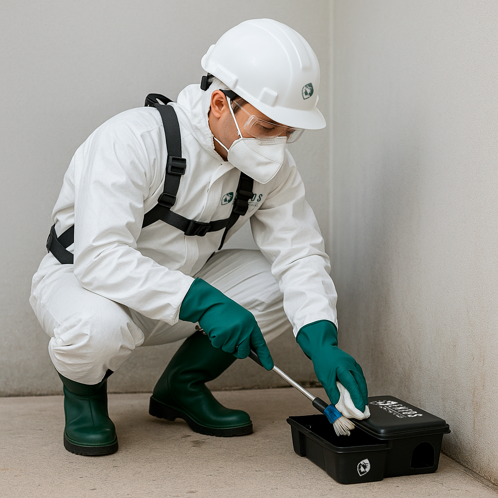 Técnico de control de plagas instalando trampa para ratones en ambiente interior, con uniforme profesional y herramientas especializadas.