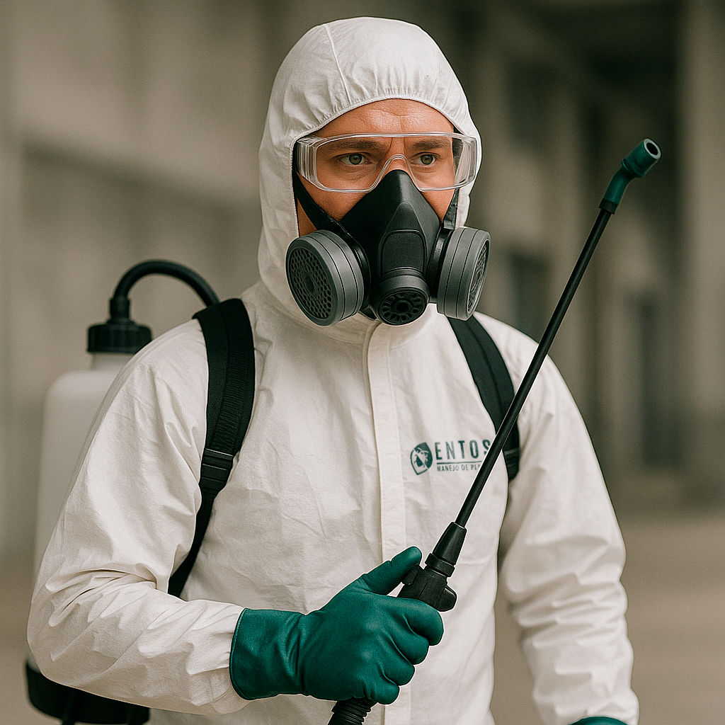 Técnico especializado en control de plagas realizando servicio profesional en campo